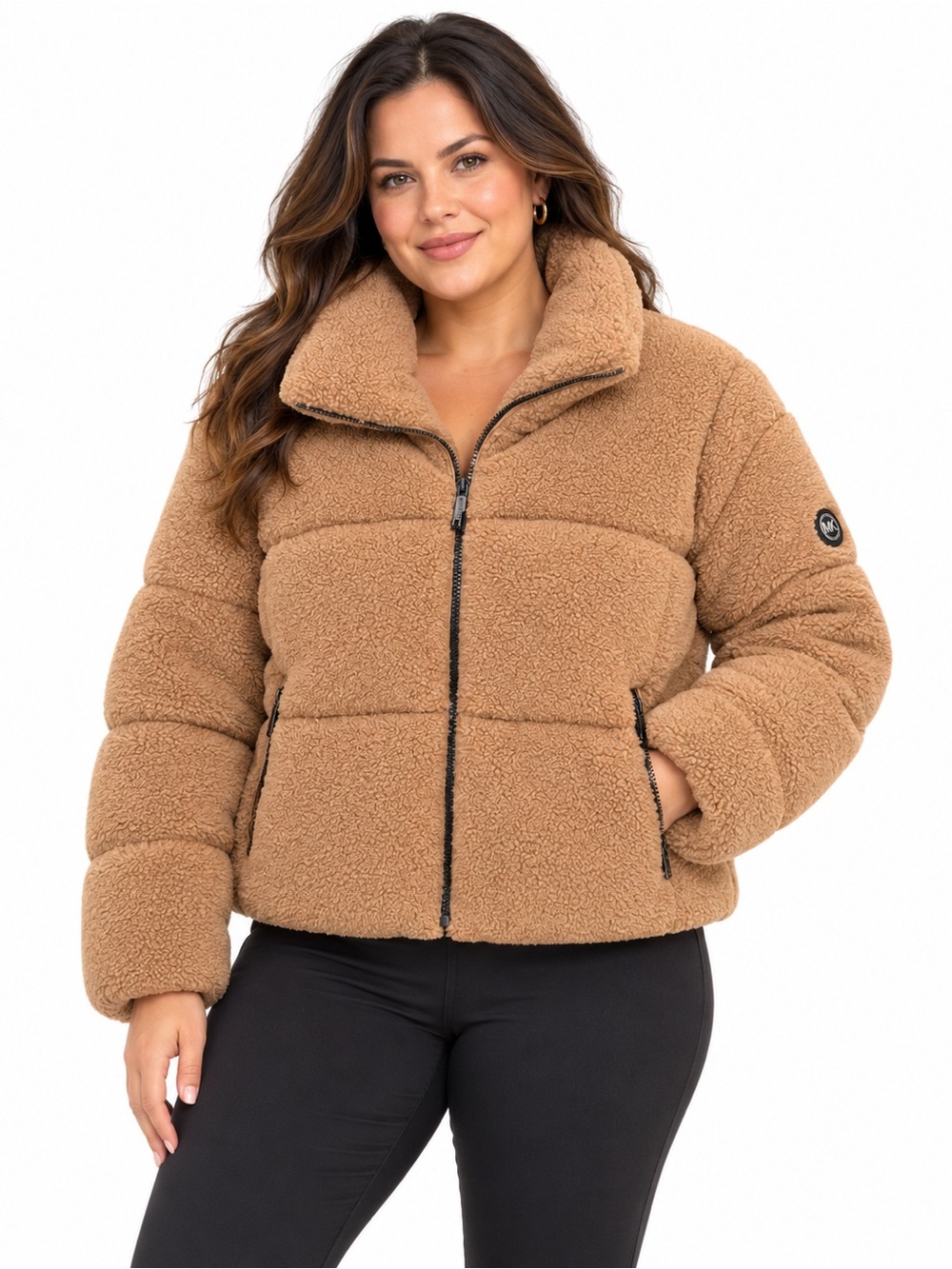 MICHAEL KORS Faux Fur Mixed Media Puffer Jacket Hazelnut Women’s Size Large NWT